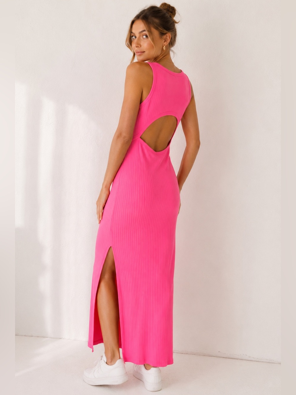 Aerie Open Back Ribbed Midi Dress Hot Pink Cutout Slit Large NWOT